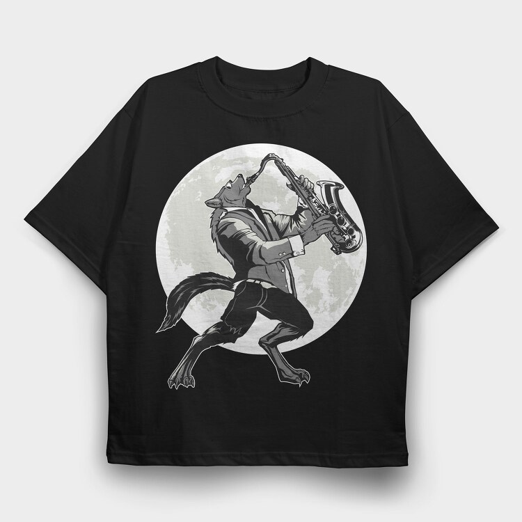 Howling Saxophone Wolf, Tricou Oversize Barbati (Unisex)