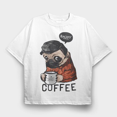 Pug Coffee Chill, Tricou Oversize Barbati (Unisex)