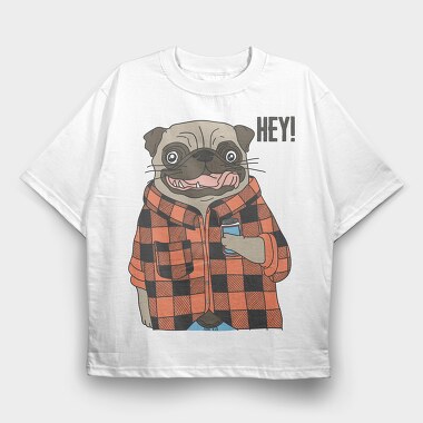 Pug Hey Plaid, Tricou Oversize Barbati (Unisex)