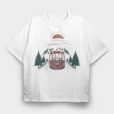Train Mountain Sunrise, Tricou Oversize Barbati (Unisex)