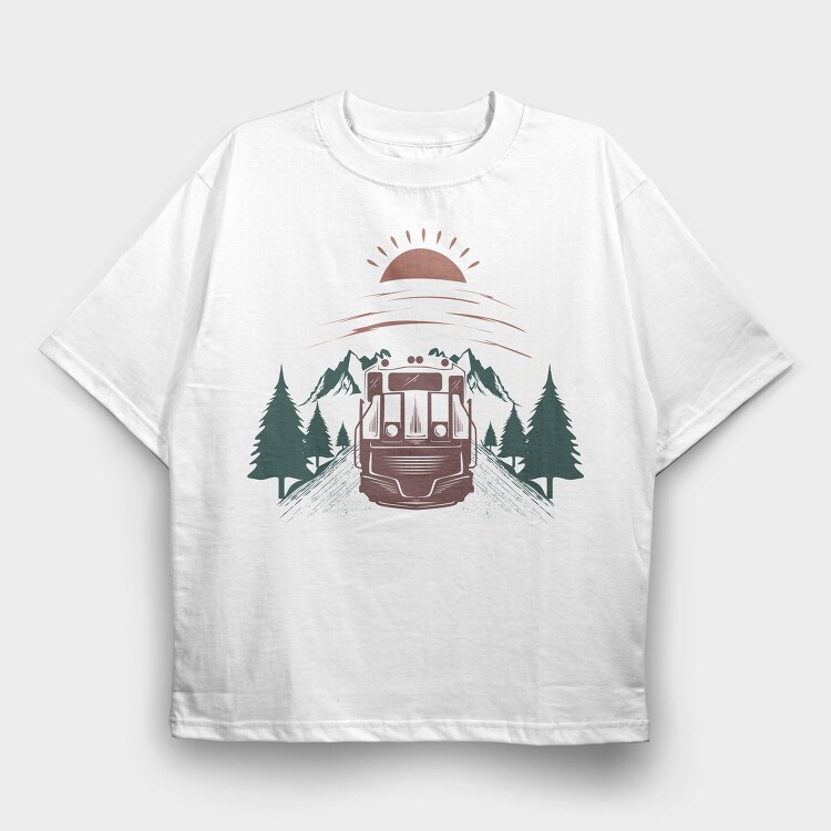 Train Mountain Sunrise, Tricou Oversize Barbati (Unisex)