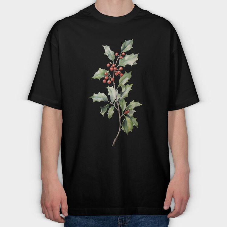 December Holly Branches, Tricou Oversize Barbati (Unisex)