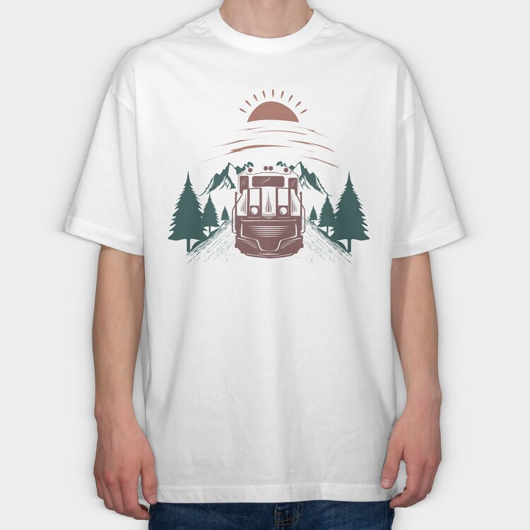 Train Mountain Sunrise, Tricou Oversize Barbati (Unisex)