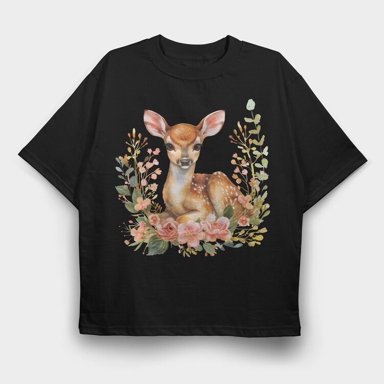Fawn In Flowers Bunch, Tricou Oversize Barbati (Unisex)