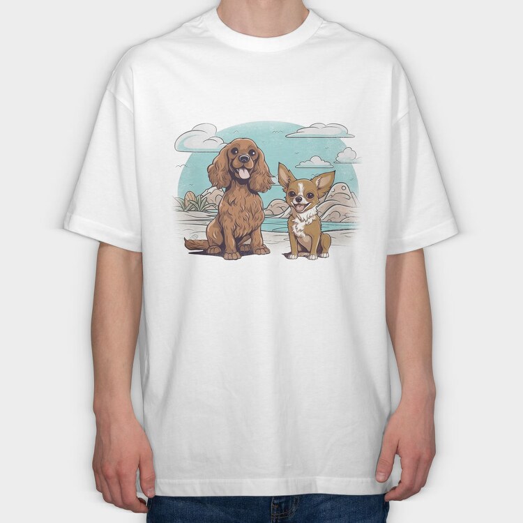Chihuahua And Cocker Dogs Beach, Tricou Oversize Barbati (Unisex)