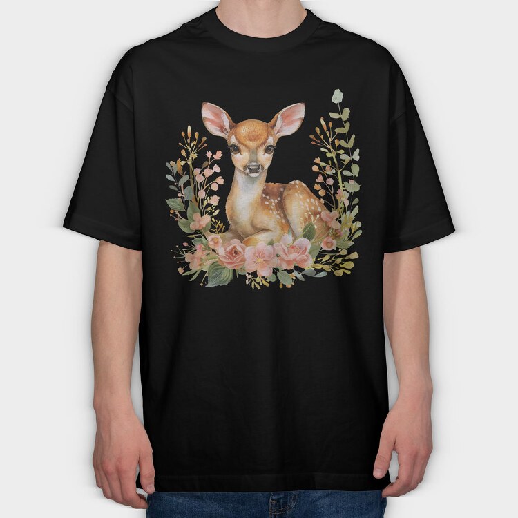 Fawn In Flowers Bunch, Tricou Oversize Barbati (Unisex)