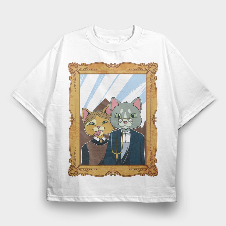 American Gothic Cat Farmer, Tricou Oversize Barbati (Unisex)