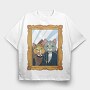 American Gothic Cat Farmer, Tricou Oversize Barbati (Unisex)