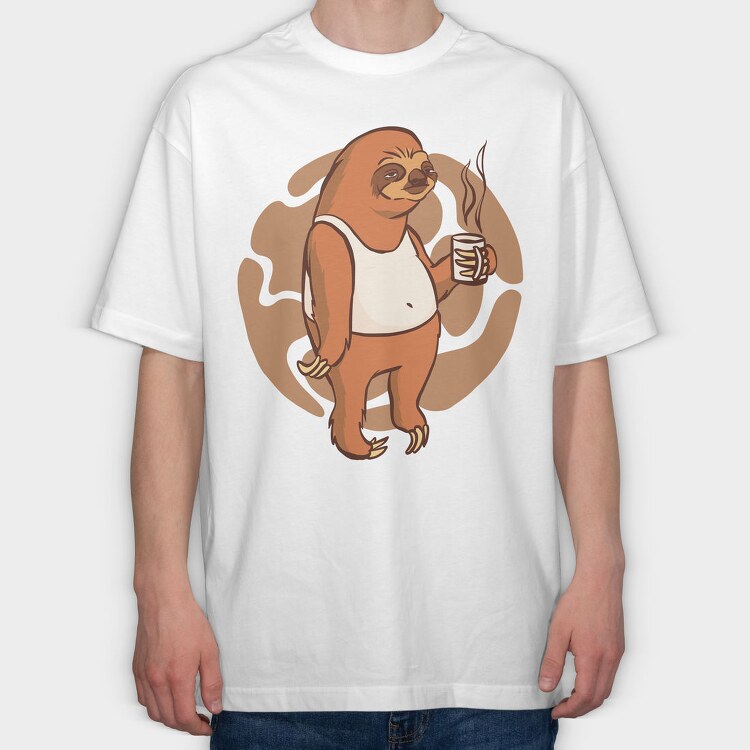 Sloth With Coffee Mug, Tricou Oversize Barbati (Unisex)