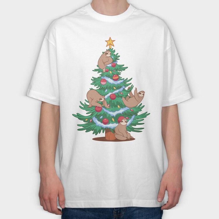 Sloth Christmas Tree, Tricou Oversize Barbati (Unisex)