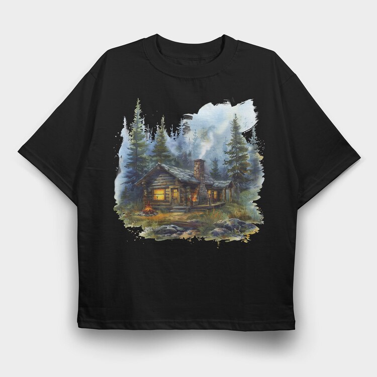 Forest Cabin Night, Tricou Oversize Barbati (Unisex)