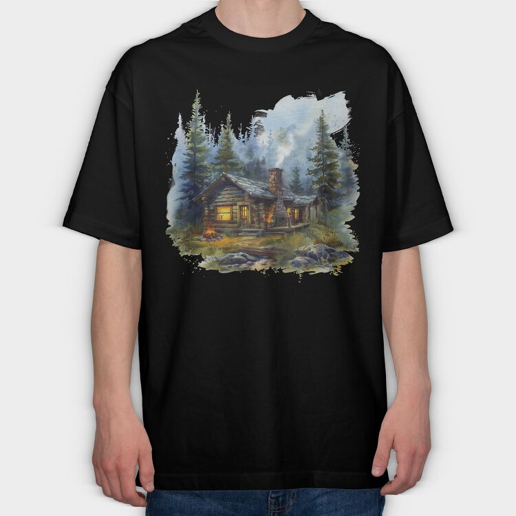 Forest Cabin Night, Tricou Oversize Barbati (Unisex)