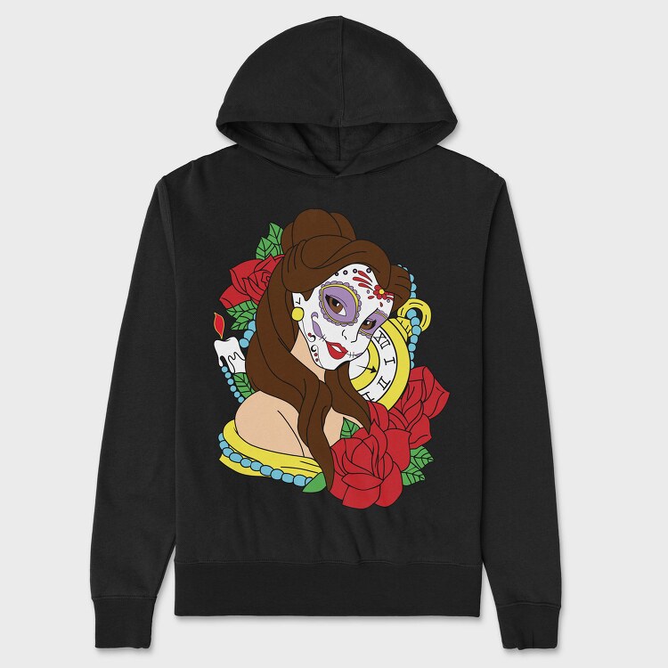 Sugar Skull Rose Clock, Hanorac Oversize Barbati (Unisex)