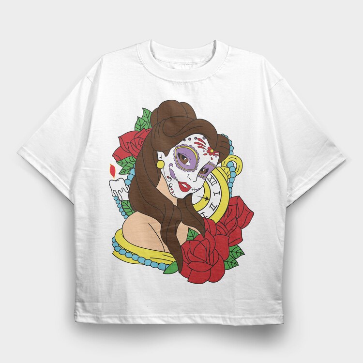 Sugar Skull Rose Clock, Tricou Oversize Barbati (Unisex)