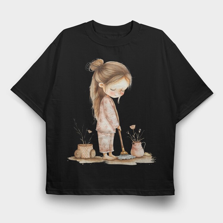 Girl Cleaning Broom, Tricou Oversize Barbati (Unisex)