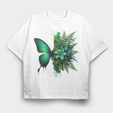 Green Butterfly Flowers, Tricou Oversize Barbati (Unisex)