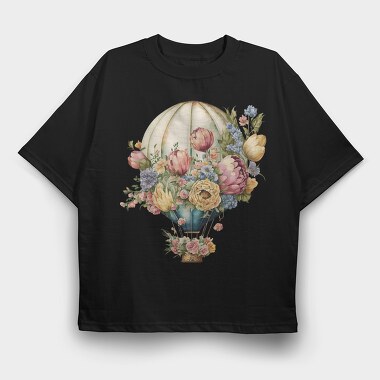 Hot Air Balloon Floral Vintage, Tricou Oversize Barbati (Unisex)