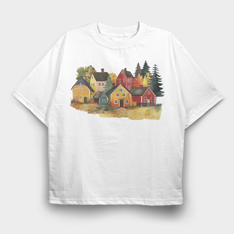Houses In Autumn, Tricou Oversize Barbati (Unisex)