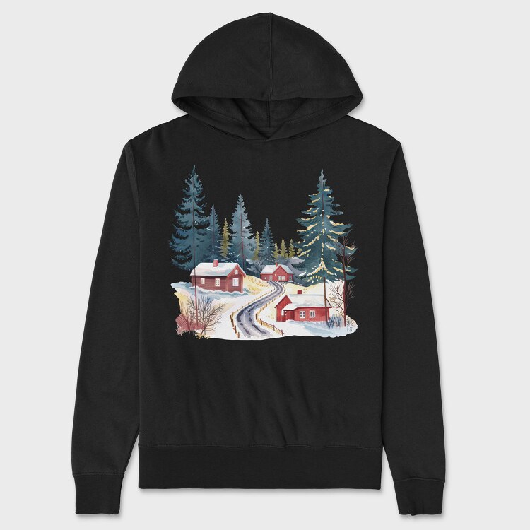 Houses In Snowy Forest, Hanorac Oversize Barbati (Unisex)