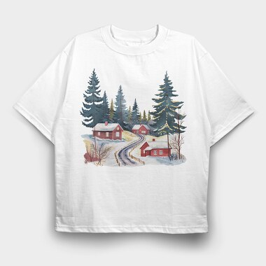 Houses In Snowy Forest, Tricou Oversize Barbati (Unisex)