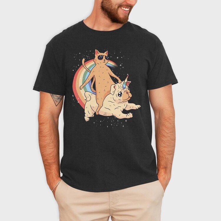 Cat Riding Dog Unicorn, Tricou Barbati (Unisex)