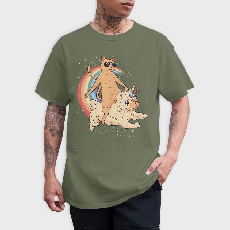 Cat Riding Dog Unicorn, Tricou Barbati (Unisex)