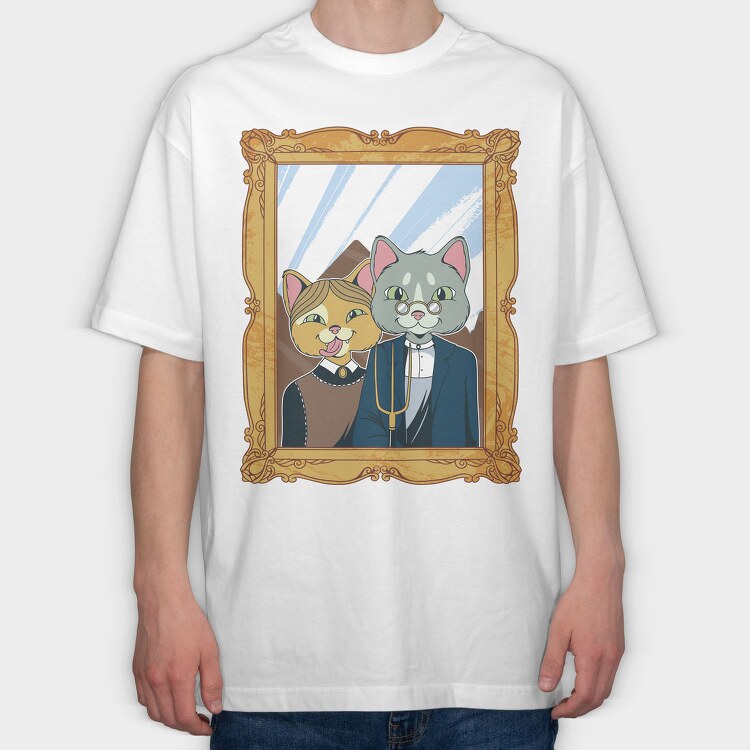 American Gothic Cat Farmer, Tricou Oversize Barbati (Unisex)