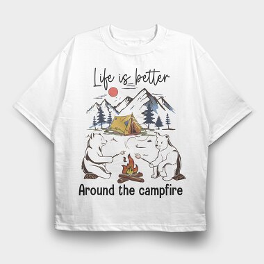 Life Is Better Camping Bear Campfire, Tricou Oversize Barbati (Unisex)