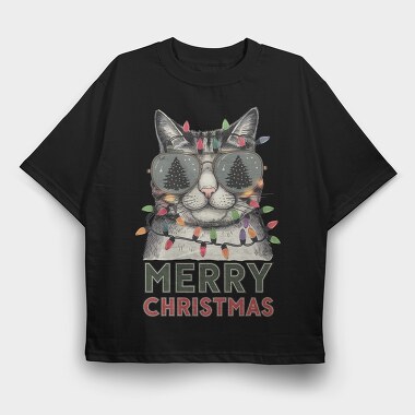 Merry Christmas Cat Sunglasses, Tricou Oversize Barbati (Unisex)