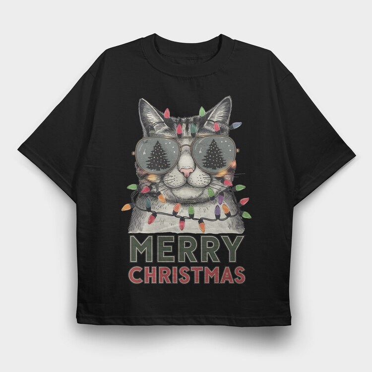 Merry Christmas Cat Sunglasses, Tricou Oversize Barbati (Unisex)