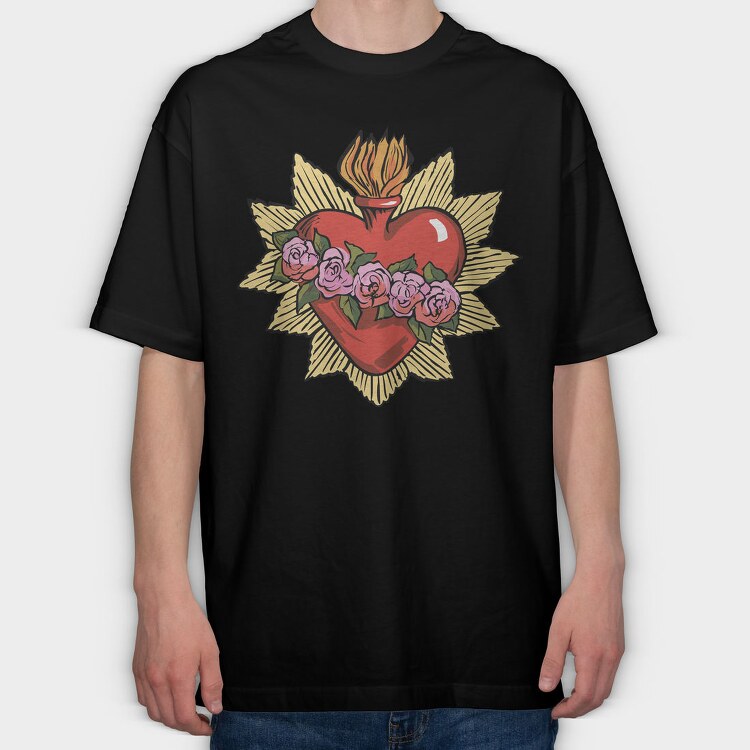 Flaming Heart Roses, Tricou Oversize Barbati (Unisex)