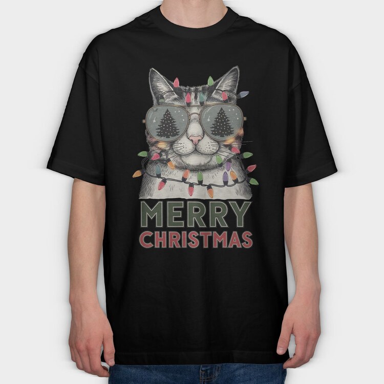Merry Christmas Cat Sunglasses, Tricou Oversize Barbati (Unisex)