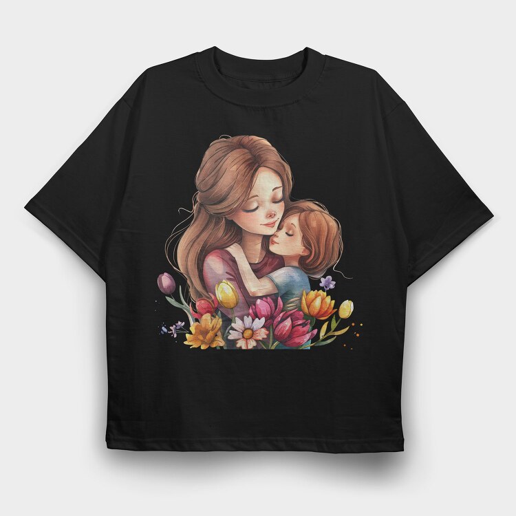 Mom And Flower Cuddle, Tricou Oversize Barbati (Unisex)