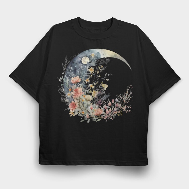 Moon Night Floral, Tricou Oversize Barbati (Unisex)