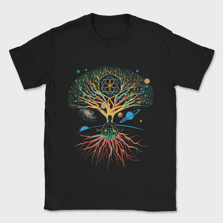 Sacred Geometry Meditating Colorful Magical Tree, Tricou Barbati (Unisex)