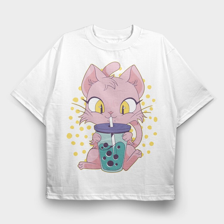 Cat Bubble Tea, Tricou Oversize Barbati (Unisex)