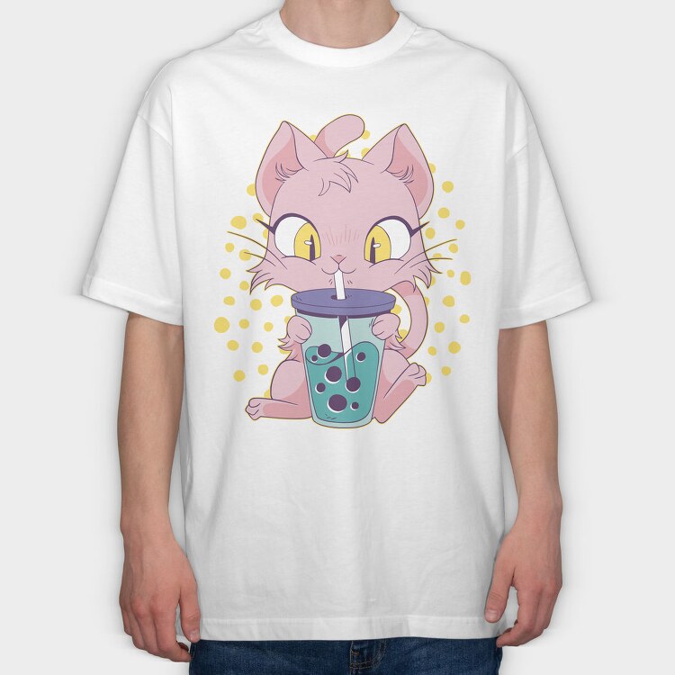 Cat Bubble Tea, Tricou Oversize Barbati (Unisex)