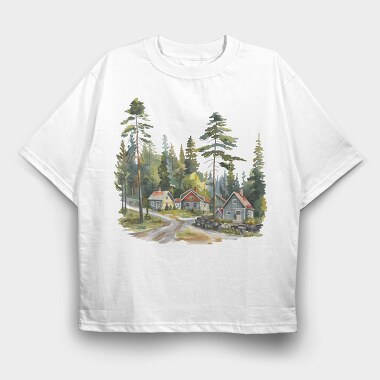 Nordic Homes In Forest, Tricou Oversize Barbati (Unisex)
