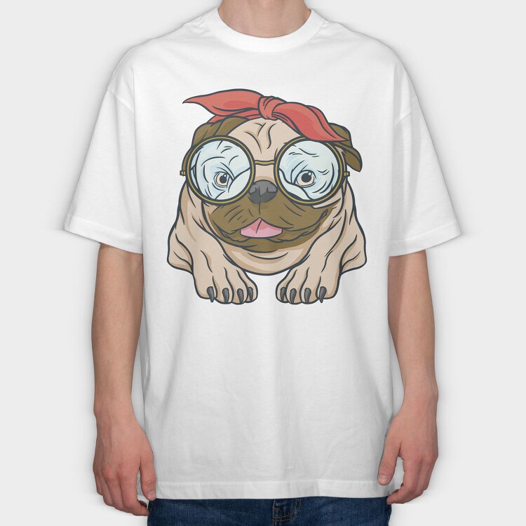 Pug With Glasses, Tricou Oversize Barbati (Unisex)