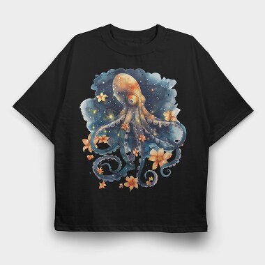 Octopus Floral Night, Tricou Oversize Barbati (Unisex)
