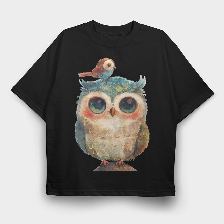 Owl With Bird Friendship, Tricou Oversize Barbati (Unisex)