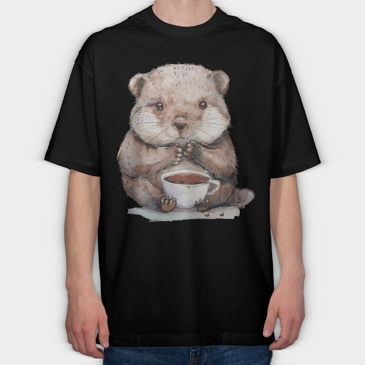 Otter Drinking Chocolate, Tricou Oversize Barbati (Unisex)