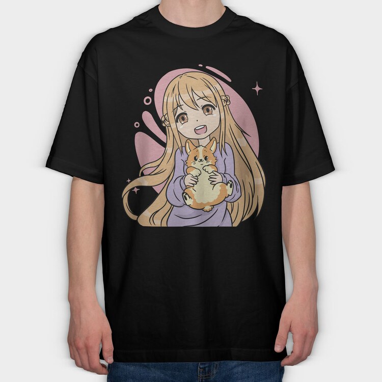 Kawaii Girl Corgi, Tricou Oversize Barbati (Unisex)