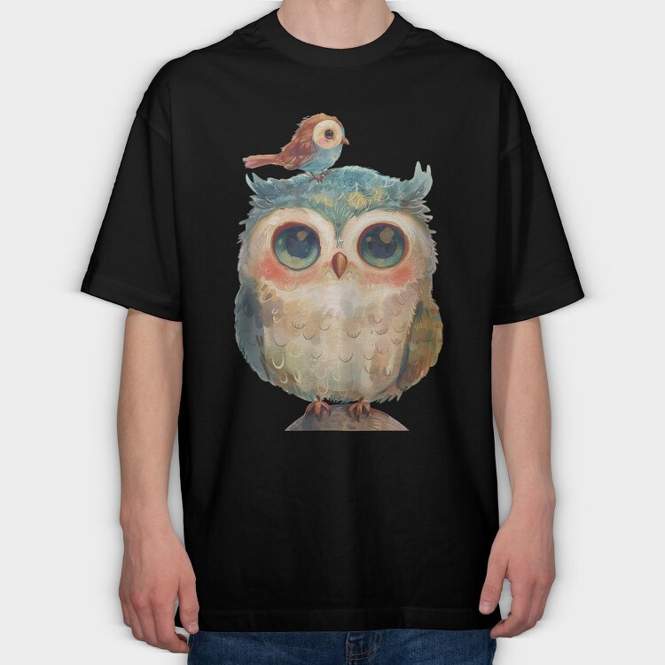 Owl With Bird Friendship, Tricou Oversize Barbati (Unisex)