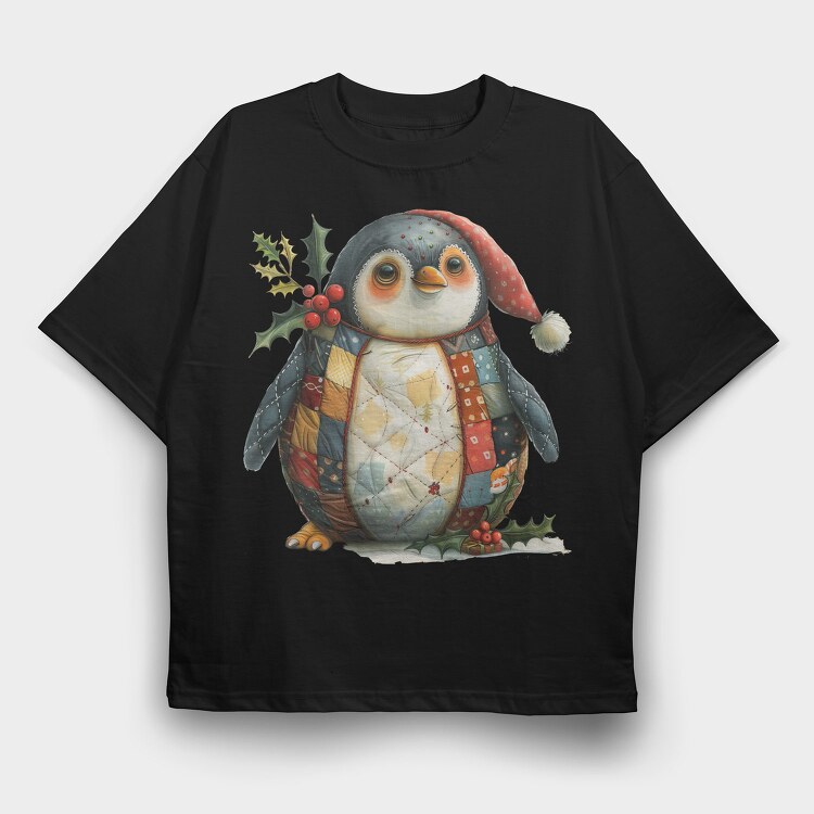 Penguin Patchwork Christmas, Tricou Oversize Barbati (Unisex)