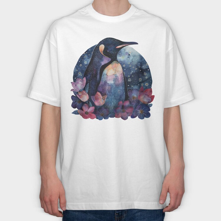 Penguin Floral Night, Tricou Oversize Barbati (Unisex)