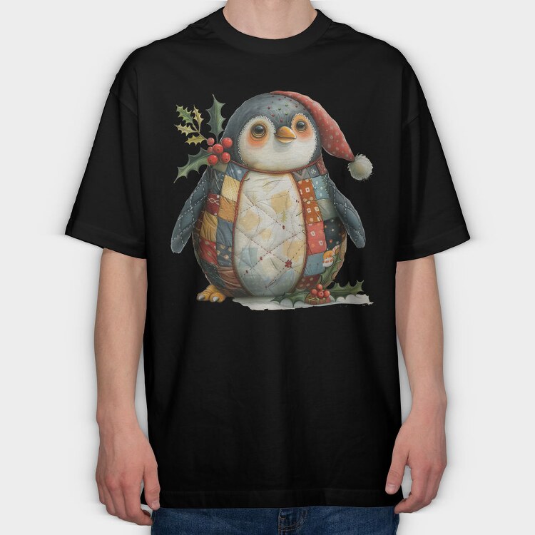 Penguin Patchwork Christmas, Tricou Oversize Barbati (Unisex)