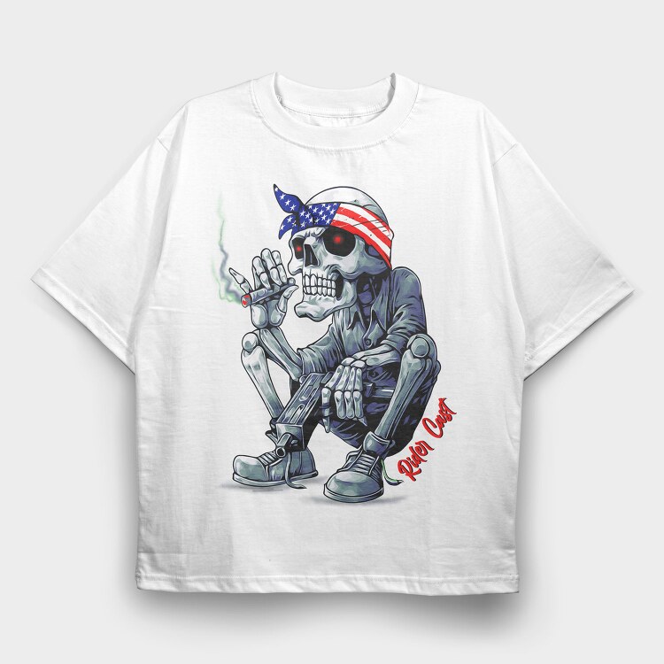 Skeleton Smoker Flag Eyes Rider Cast, Tricou Oversize Barbati (Unisex)
