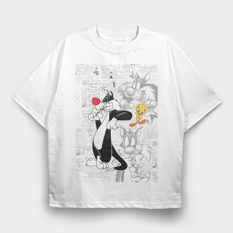 Sylvester Tweety Comic Art Urban Eyes, Tricou Oversize Barbati (Unisex)