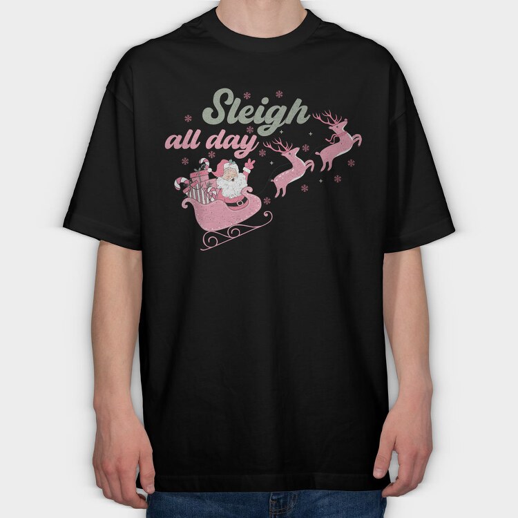 Pink Retro Christmas Sleigh, Tricou Oversize Barbati (Unisex)